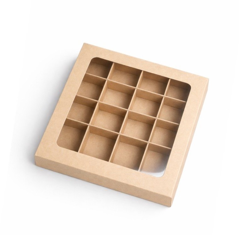 коробки из плоского картона 220X220X35 c окошком коричневый
